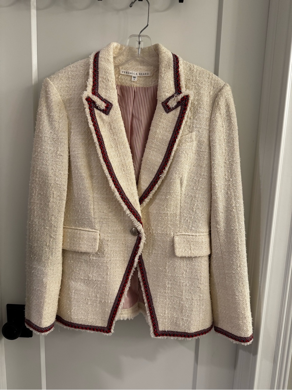 Veronica Beard Cream Tweed Blazer with Red Trim